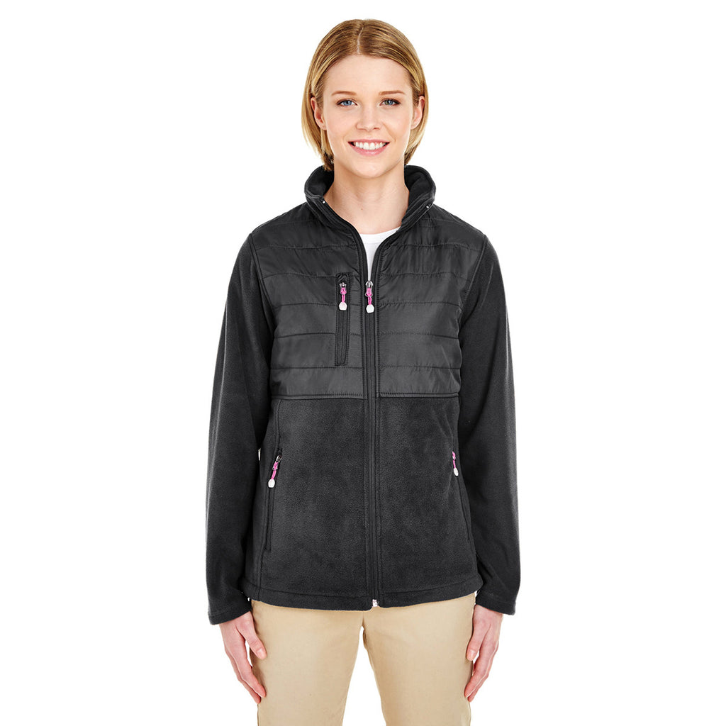 UltraClub Women's Black Fleece Jacket with Quilted Yoke Overlay