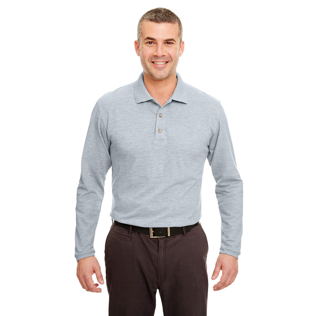 UltraClub Men's Heather Grey Long-Sleeve Classic Pique Polo