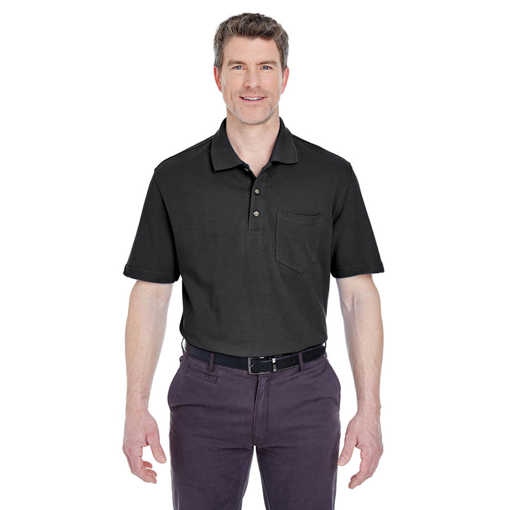 UltraClub Men's Black Classic Pique Polo with Pocket