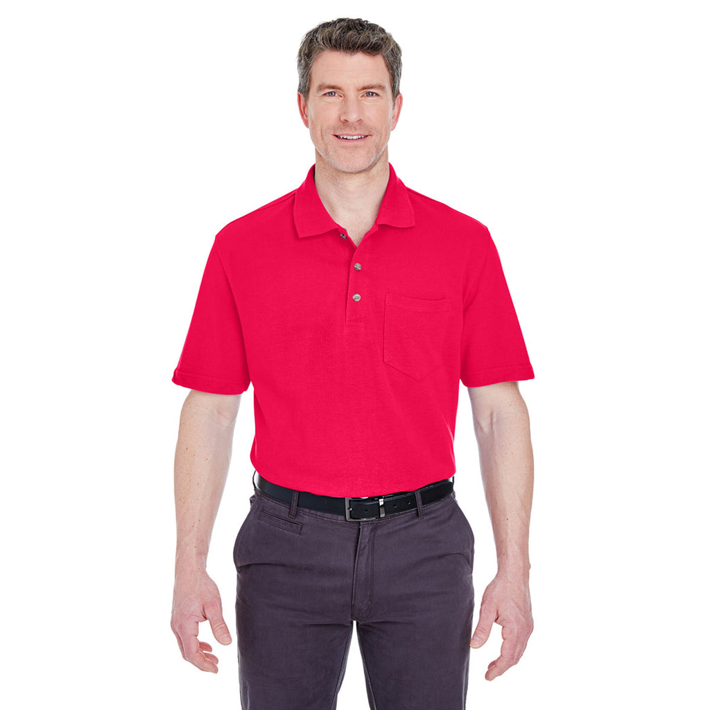 UltraClub Men's Red Classic Pique Polo with Pocket