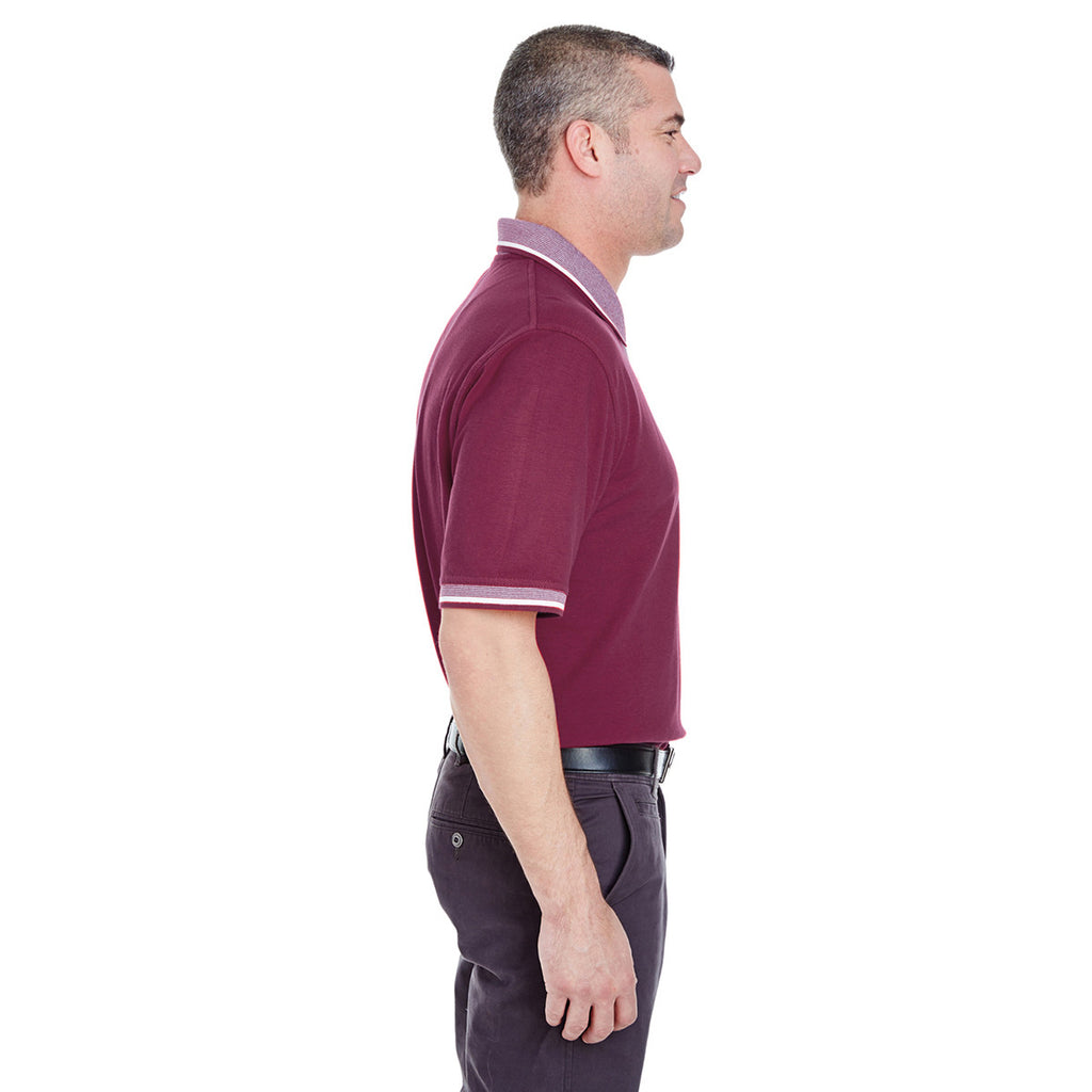 UltraClub Men's Burgundy/White Color-Body Classic Pique Polo with Contrast Multi-Stripe Trim