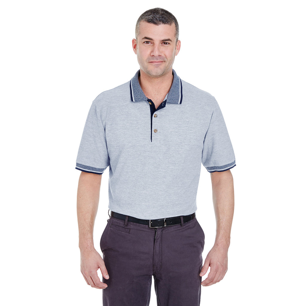 UltraClub Men's Heather/Navy Color-Body Classic Pique Polo with Contrast Multi-Stripe Trim