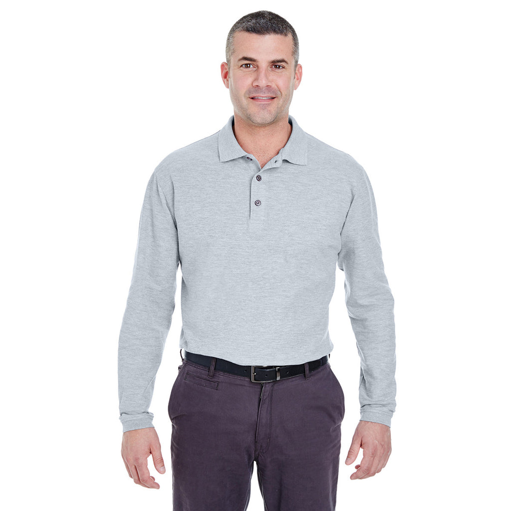 UltraClub Men's Heather Grey Long-Sleeve Whisper Pique Polo