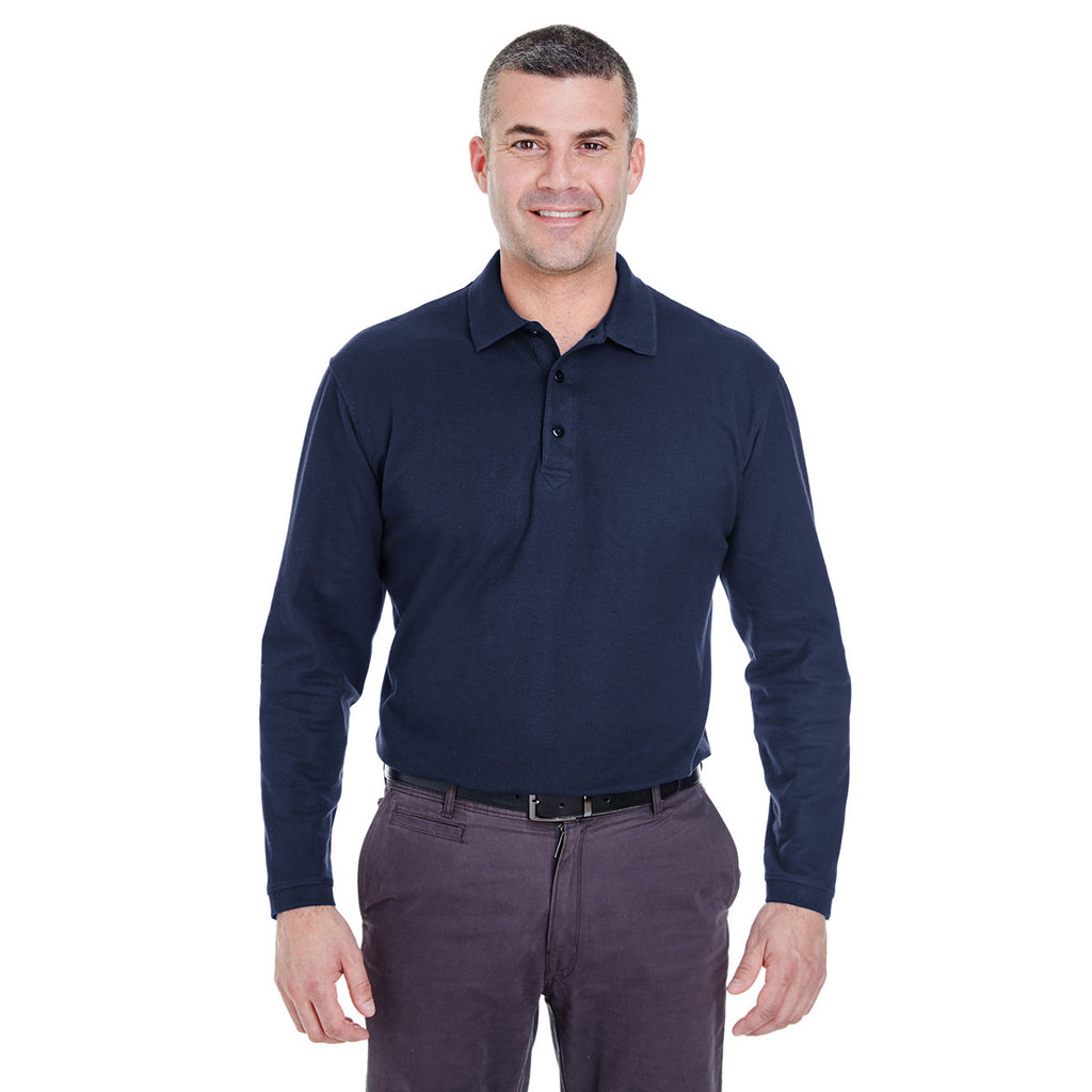 UltraClub Men's Navy Long-Sleeve Whisper Pique Polo