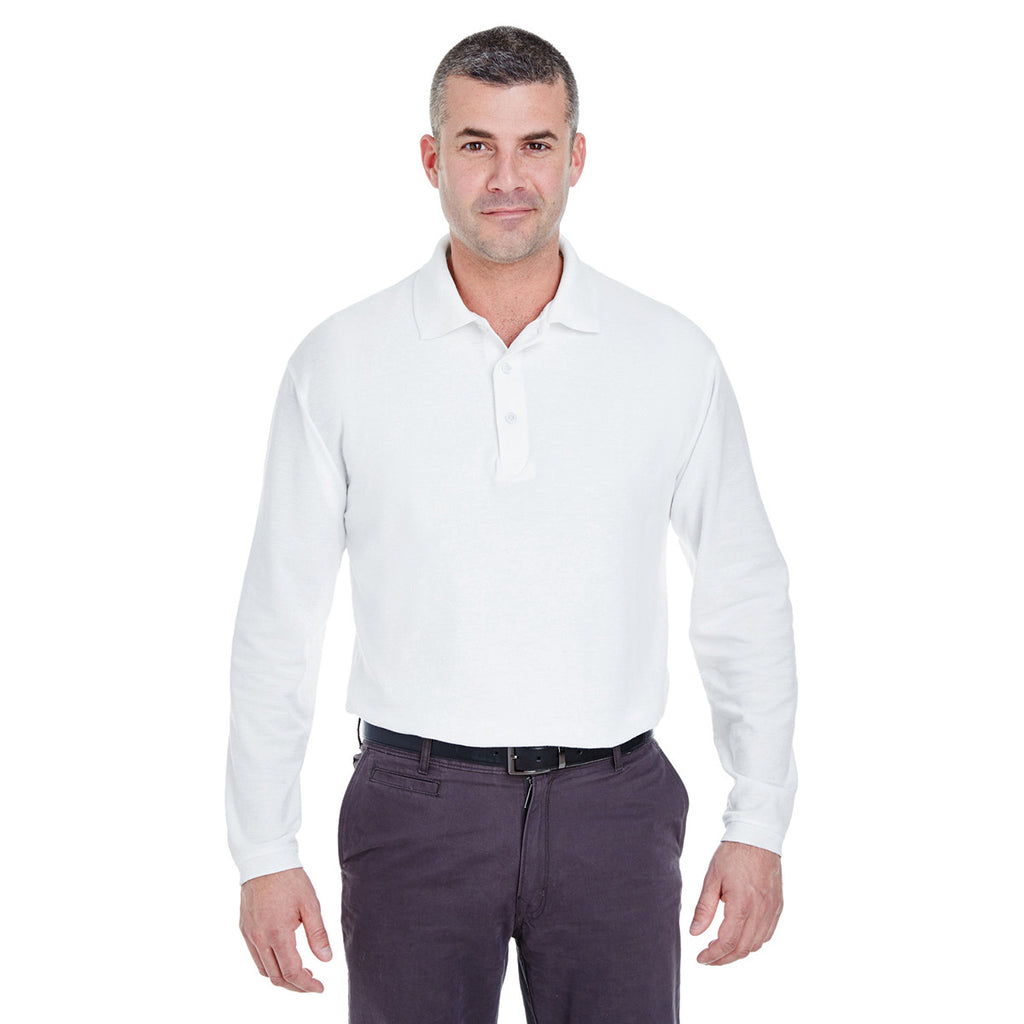 UltraClub Men's White Long-Sleeve Whisper Pique Polo