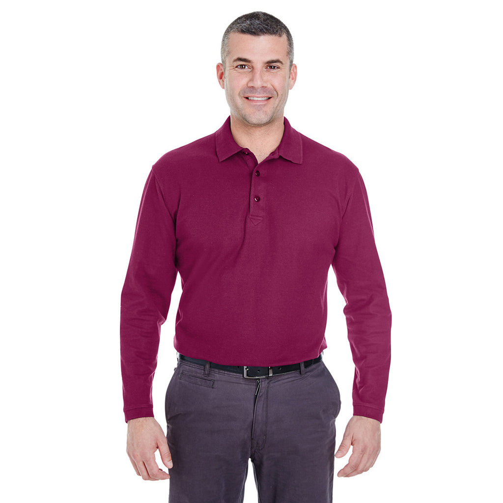 UltraClub Men's Wine Long-Sleeve Whisper Pique Polo