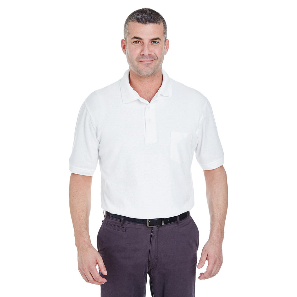 UltraClub Men's White Whisper Pique Polo with Pocket