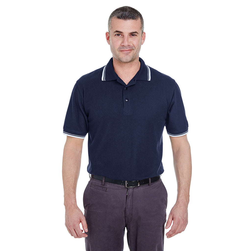 UltraClub Men's Navy/White Short-Sleeve Whisper Pique Polo with Tipped Collar and Cuffs