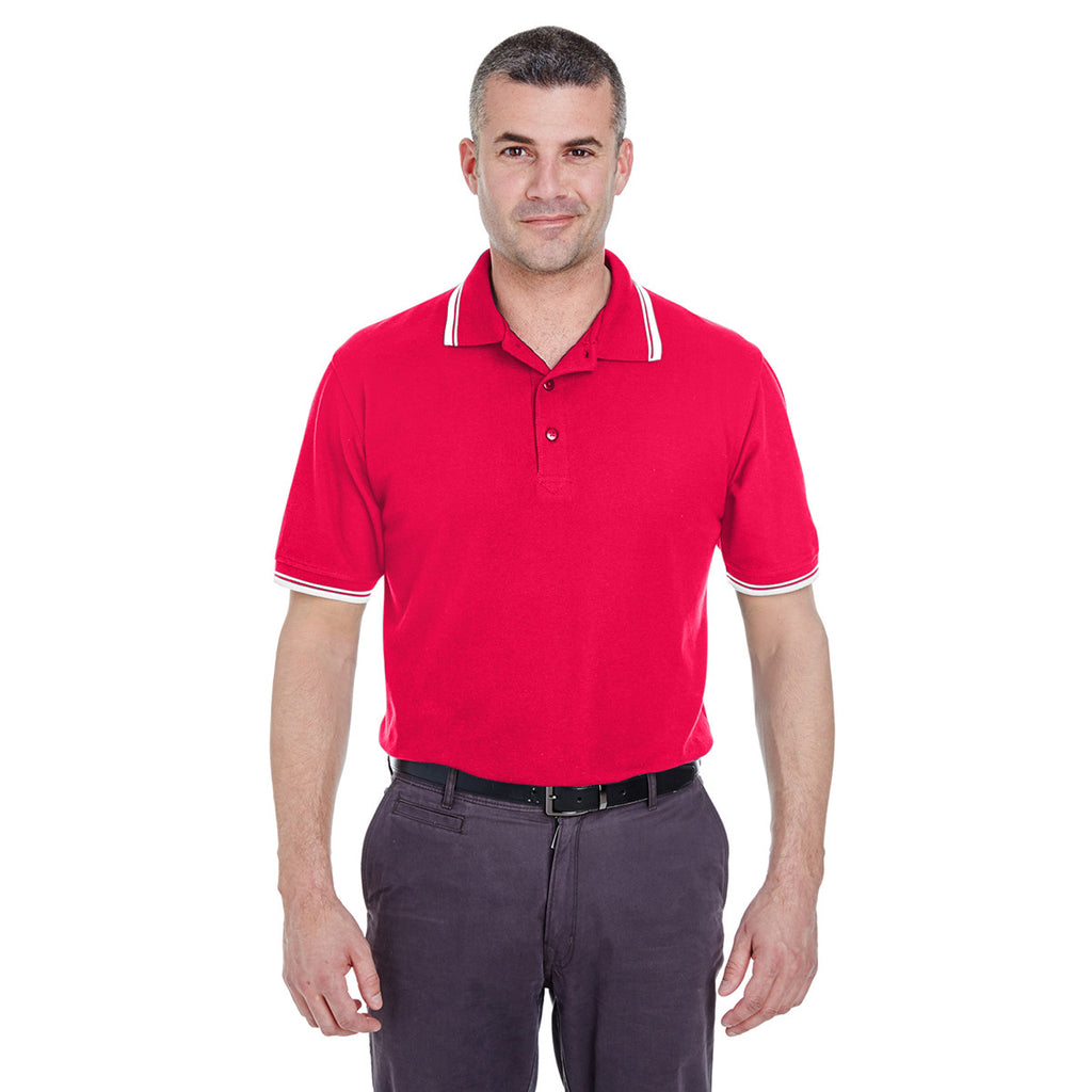 UltraClub Men's Red/White Short-Sleeve Whisper Pique Polo with Tipped Collar and Cuffs