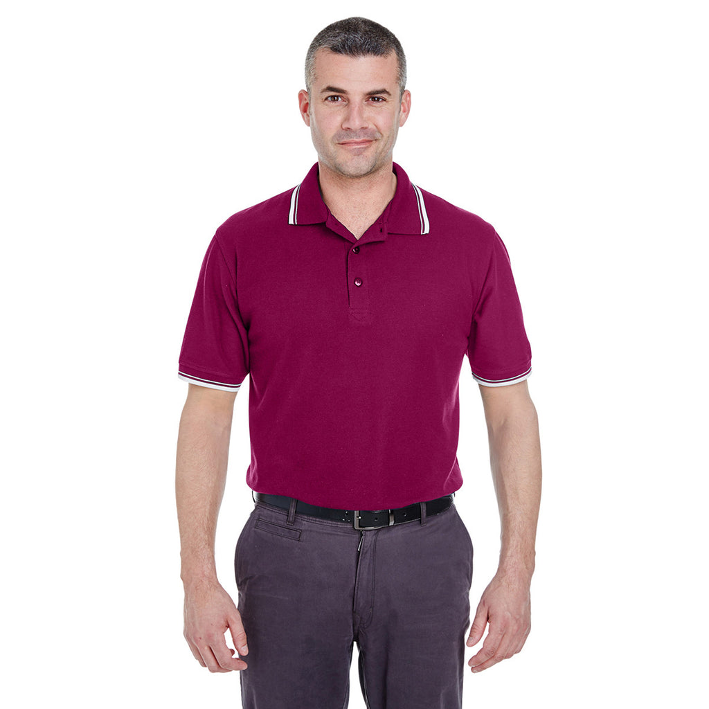 UltraClub Men's Wine/White Short-Sleeve Whisper Pique Polo with Tipped Collar and Cuffs