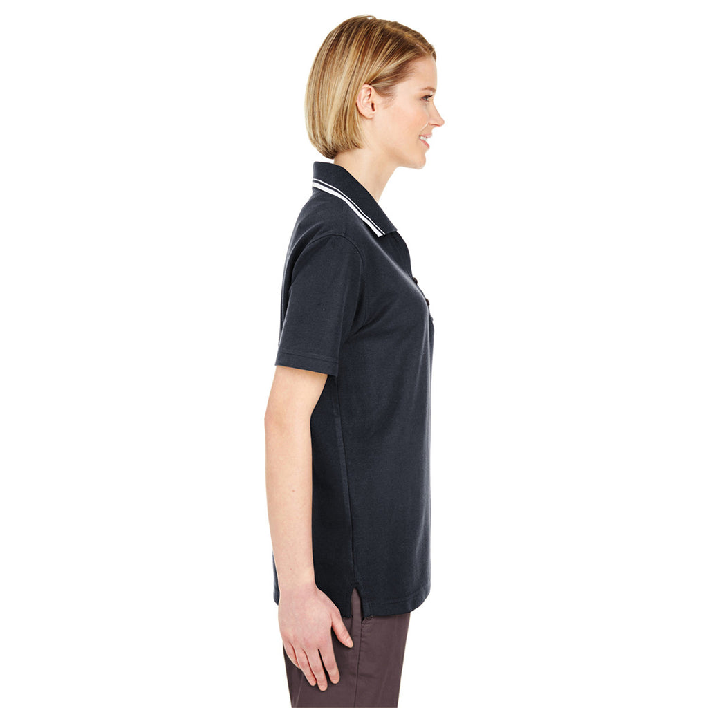 UltraClub Women's Black/White Short-Sleeve Whisper Pique Polo with Tipped Collar