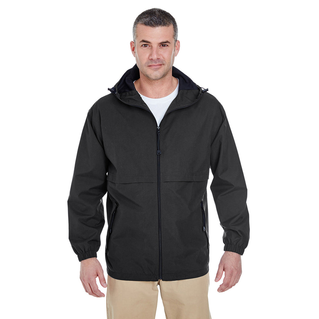 UltraClub Men's Black Microfiber Full-Zip Hooded Jacket