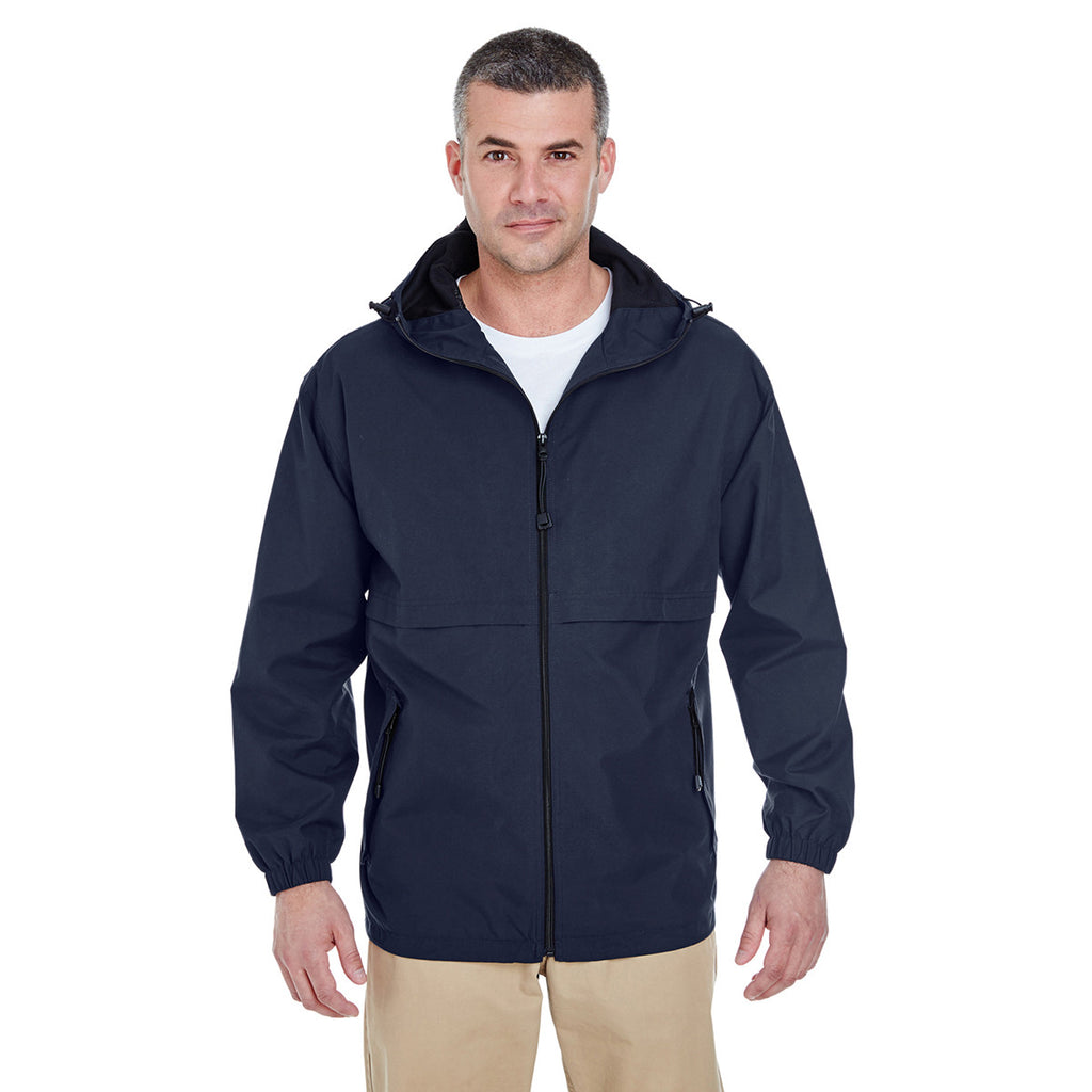 UltraClub Men's Navy Microfiber Full-Zip Hooded Jacket