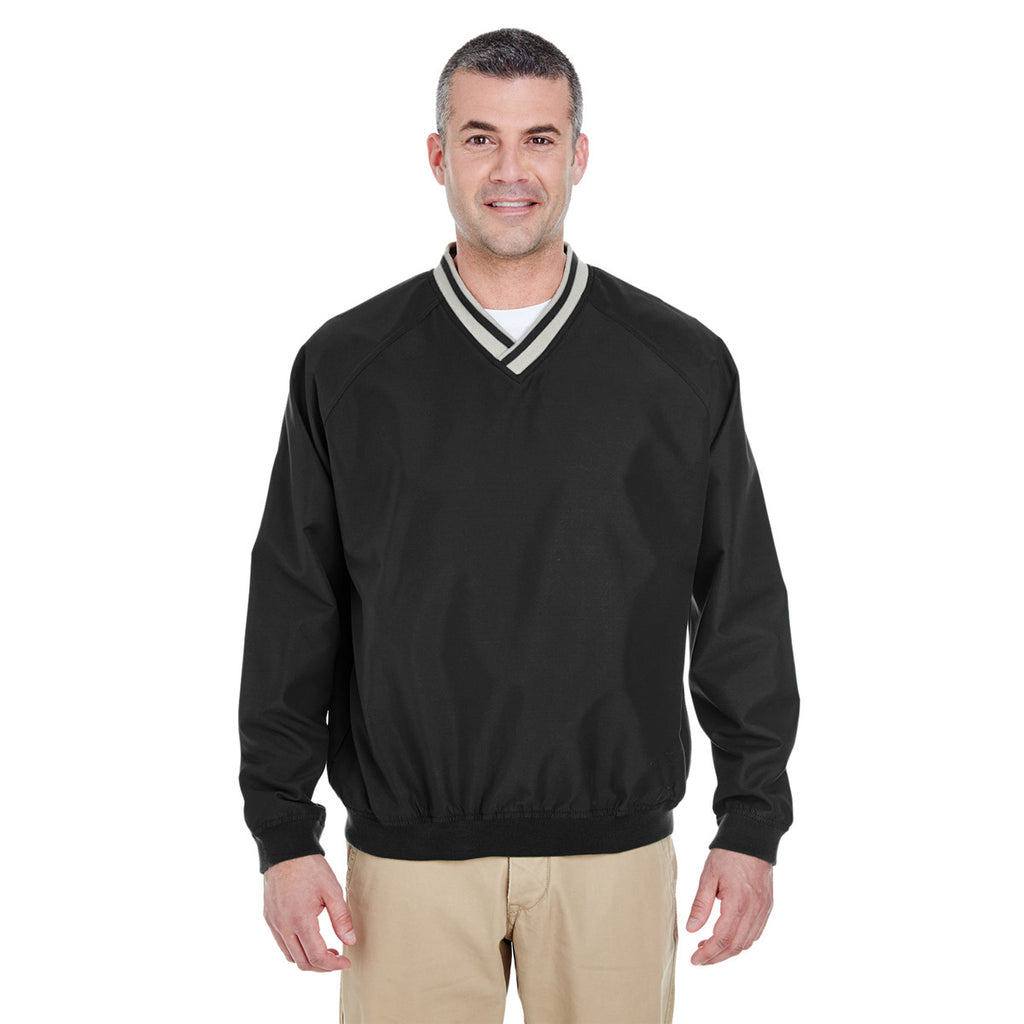 UltraClub Men's Black/Tan Long-Sleeve Microfiber Crossover V-Neck Windshirt