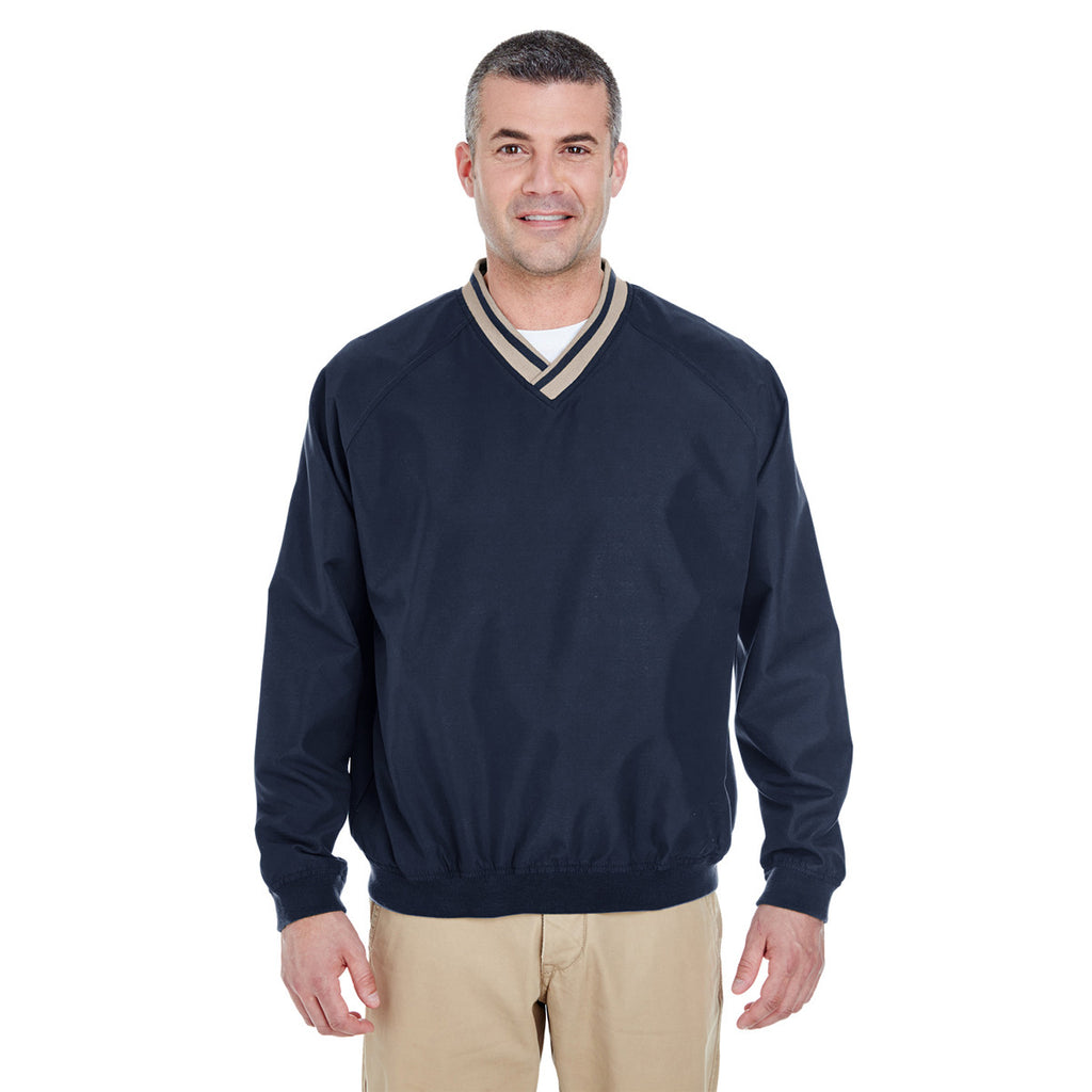 UltraClub Men's Navy/Tan Long-Sleeve Microfiber Crossover V-Neck Windshirt