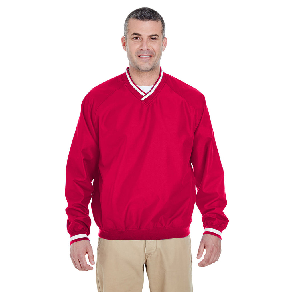 UltraClub Men's Red/White Long-Sleeve Microfiber Crossover V-Neck Windshirt