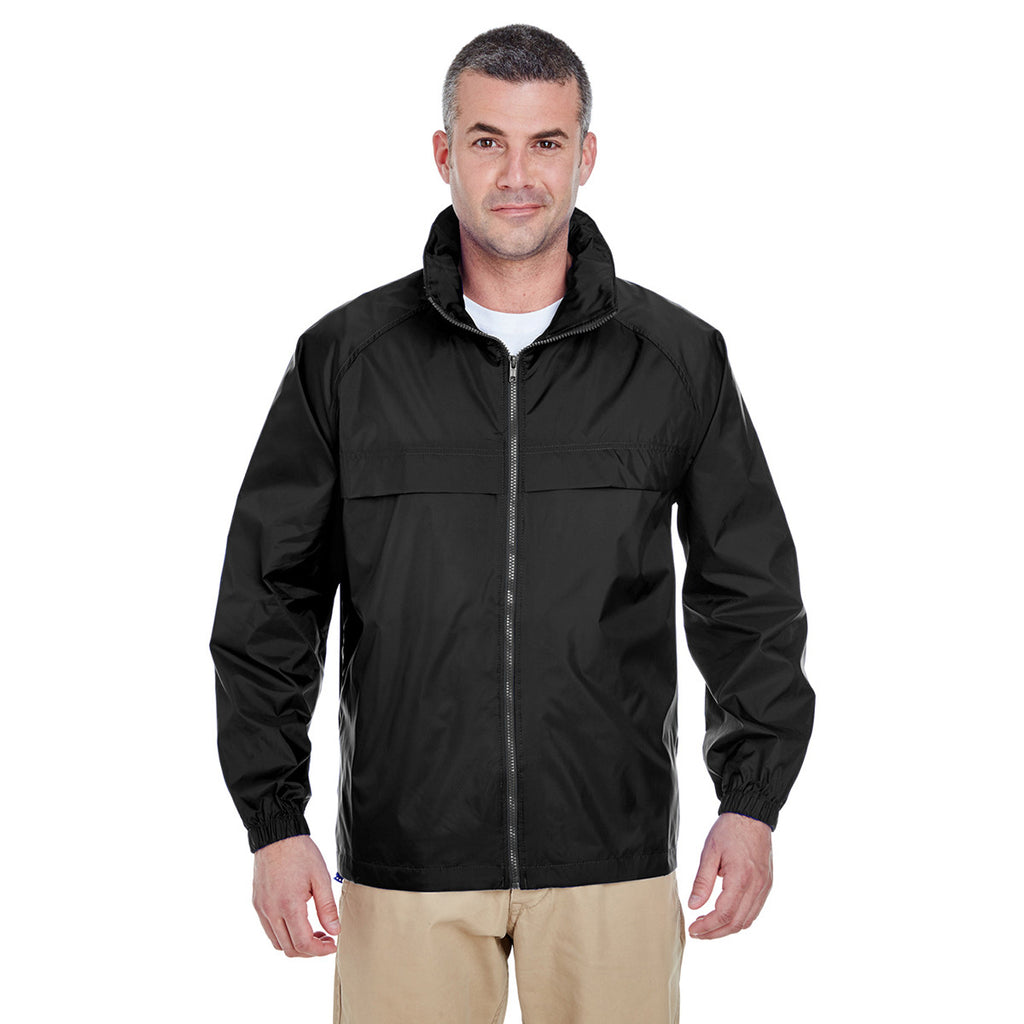 UltraClub Men's Black Full-Zip Hooded Pack-Away Jacket