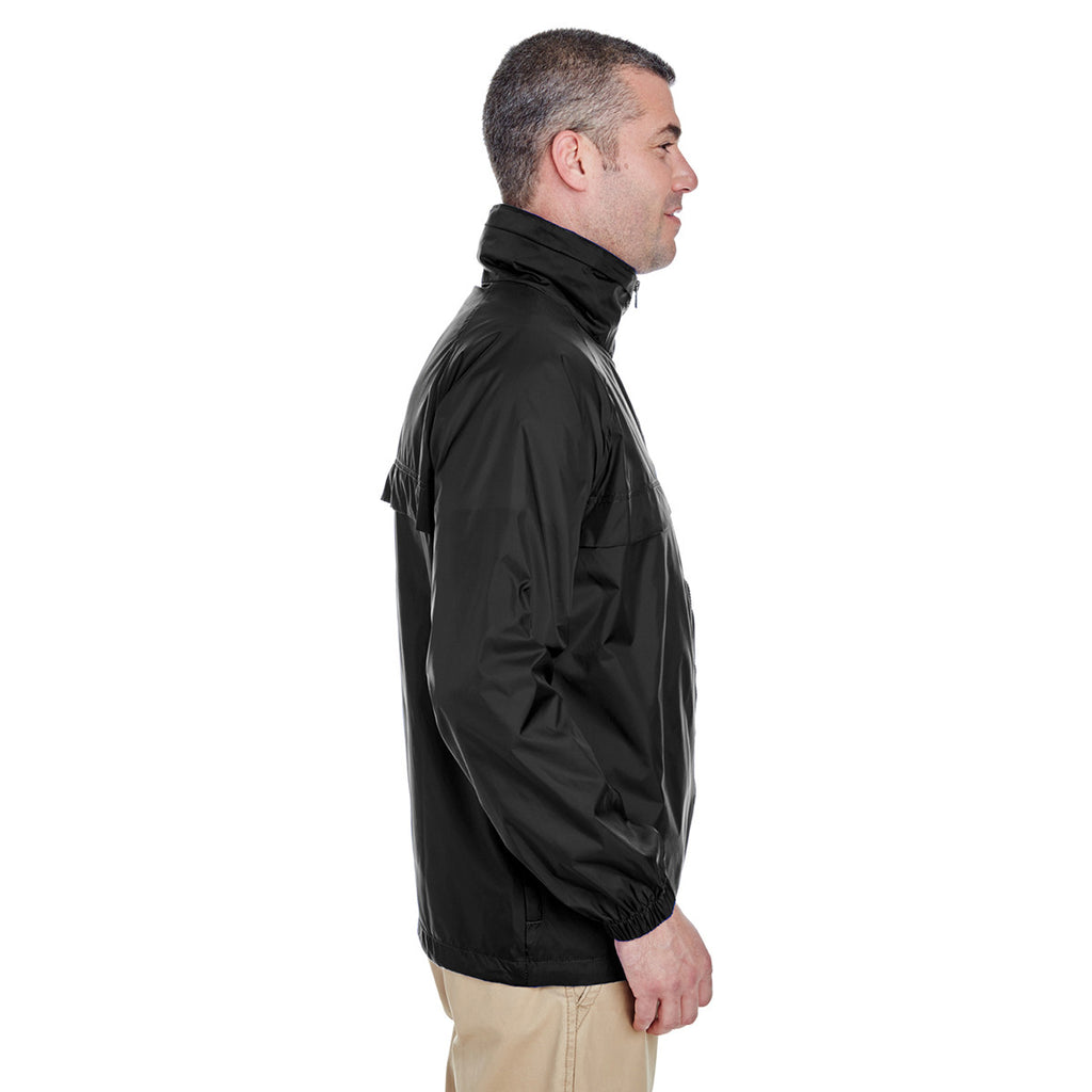 UltraClub Men's Black Full-Zip Hooded Pack-Away Jacket