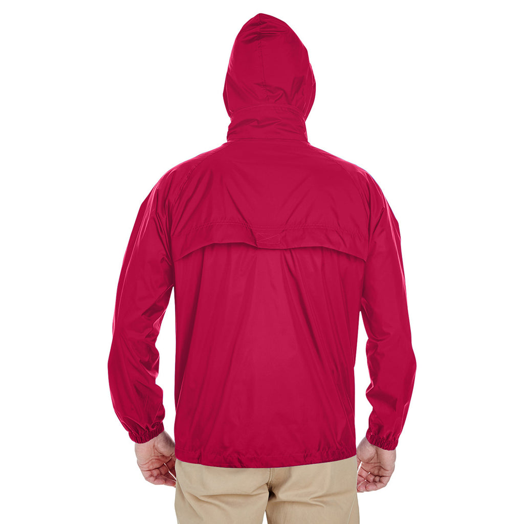 UltraClub Men's Red Full-Zip Hooded Pack-Away Jacket