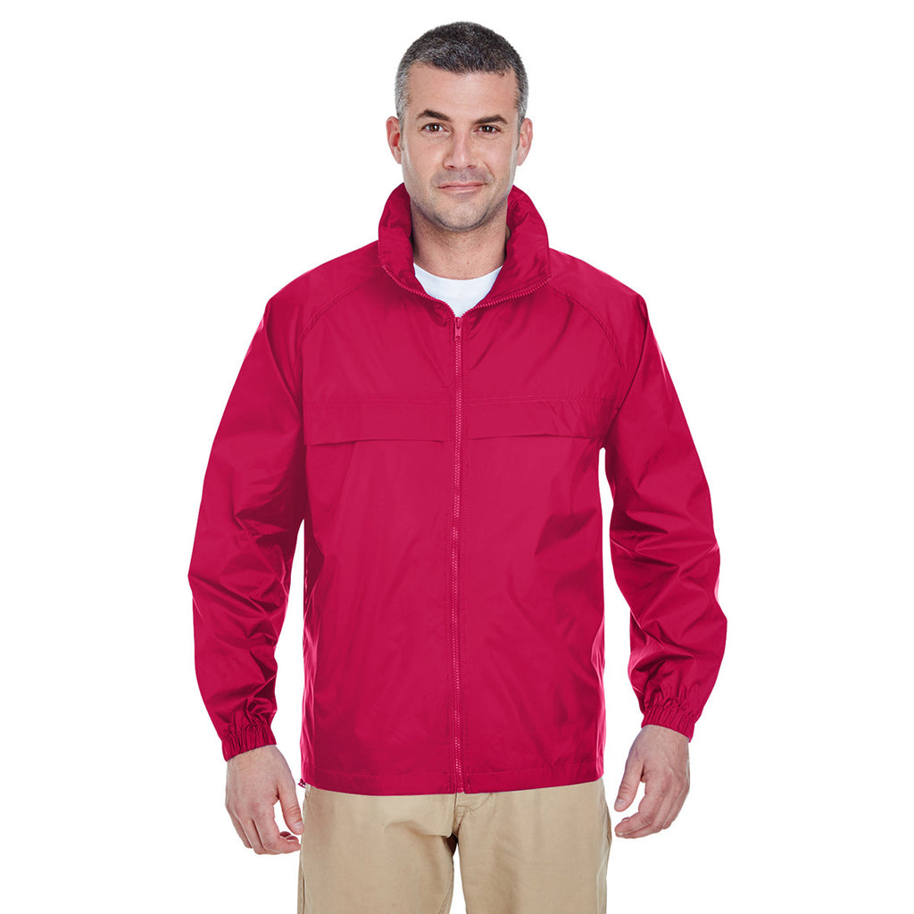 UltraClub Men's Red Full-Zip Hooded Pack-Away Jacket