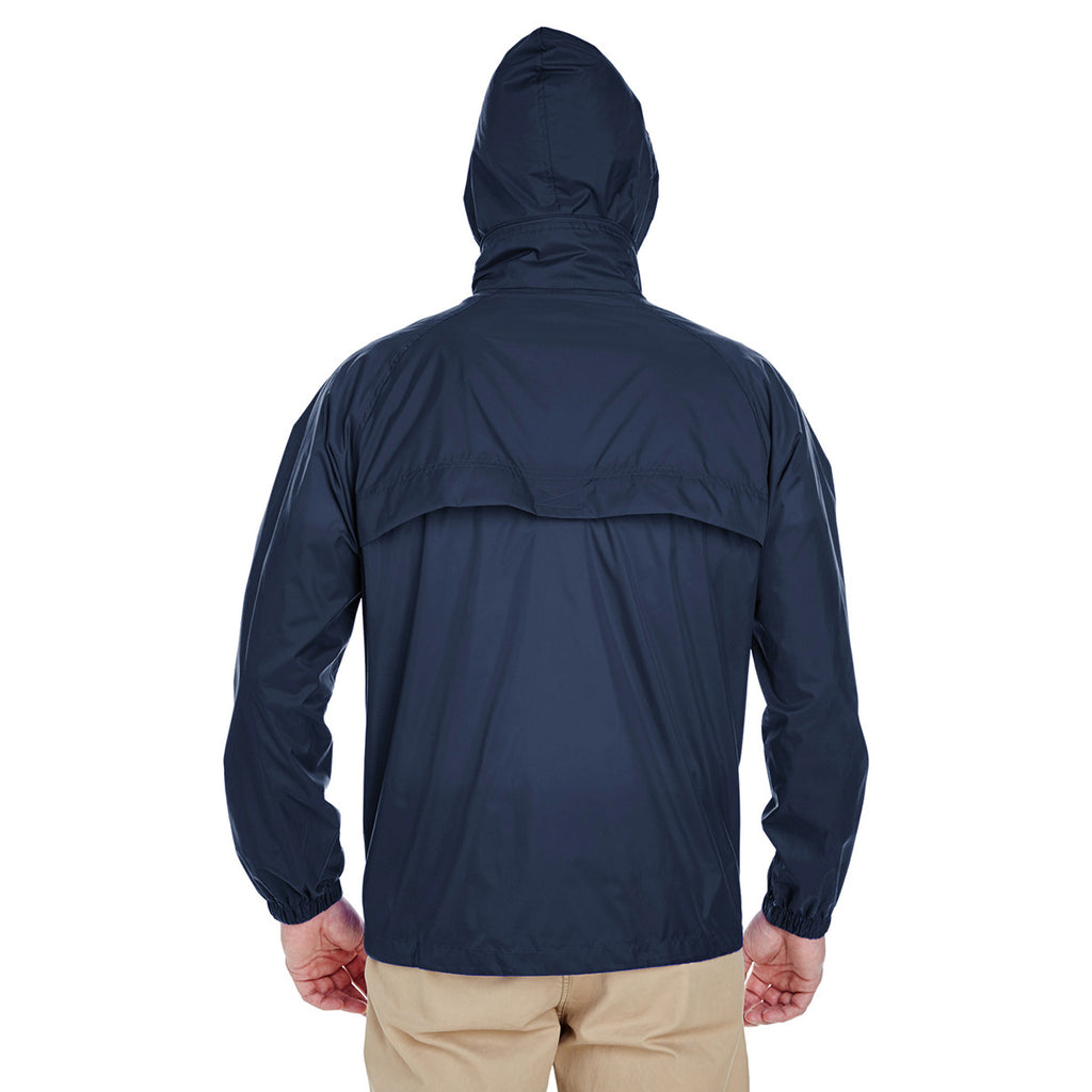 UltraClub Men's True Navy Full-Zip Hooded Pack-Away Jacket