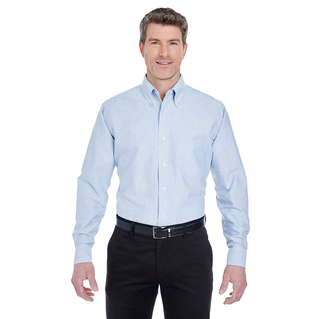 UltraClub Men's Blue/White Classic Wrinkle-Resistant Long-Sleeve Oxford