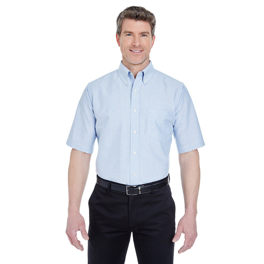 UltraClub Men's Blue/White Classic Wrinkle-Resistant Short-Sleeve Oxford