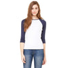 Bella + Canvas Women's White/Navy Stretch Rib 3/4-Sleeve Contrast Raglan T-Shirt