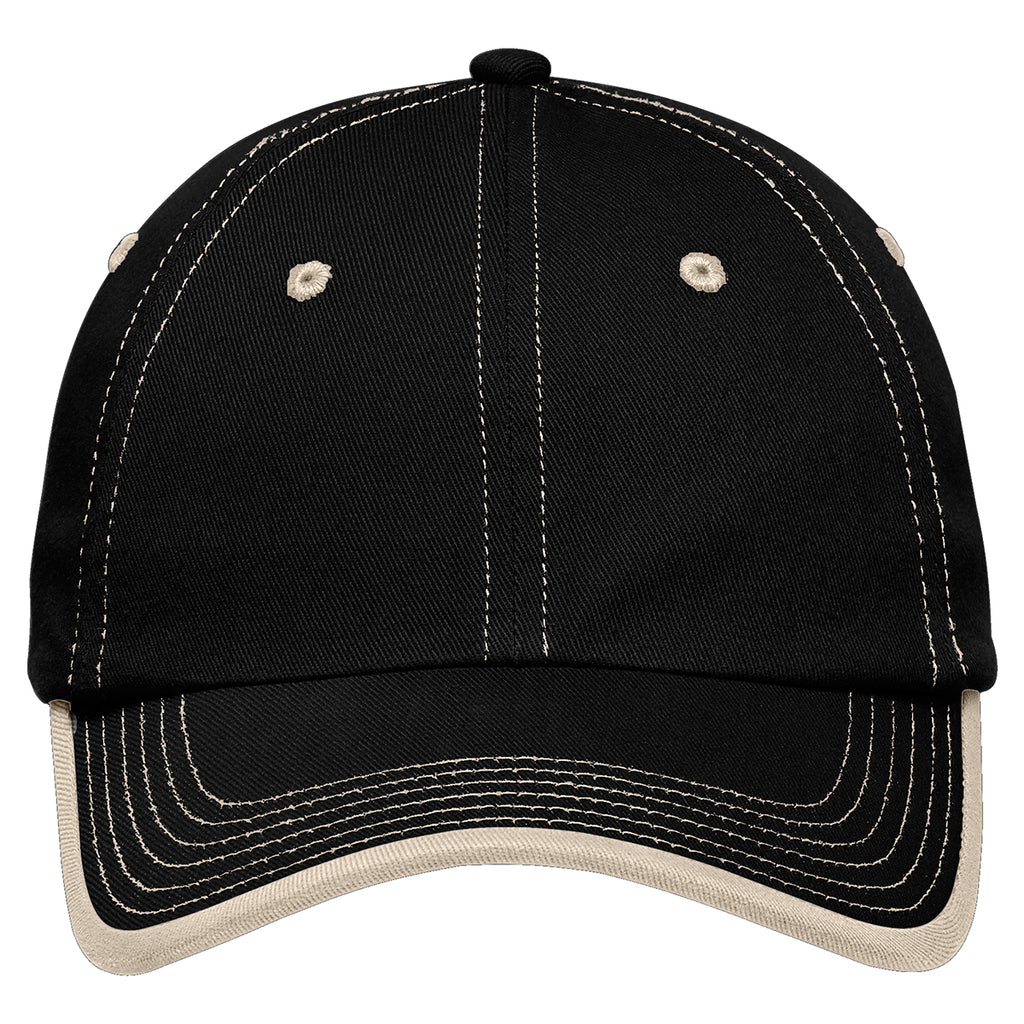 Port Authority Black/Stone Vintage Washed Contrast Stitch Cap