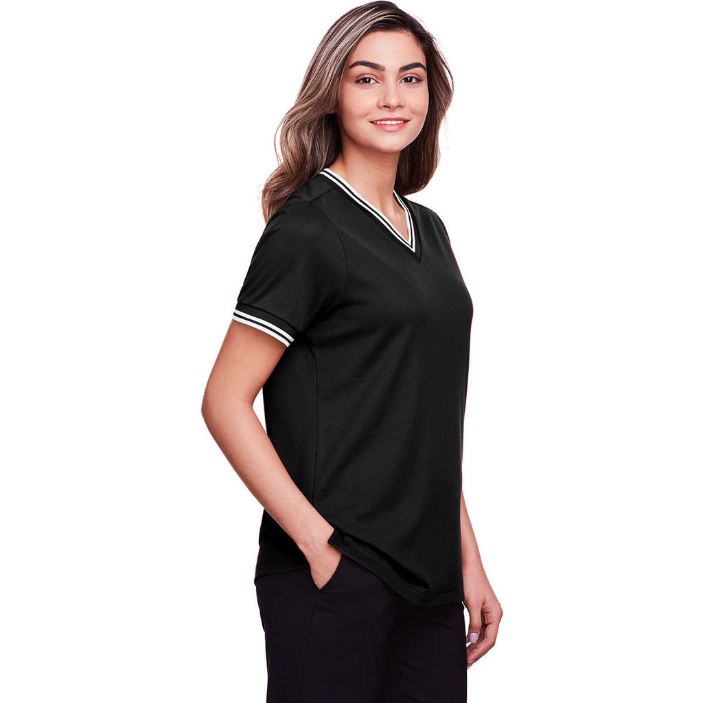 Devon & Jones Women's Black/White CrownLux Performance Plaited Tipped V-Neck Polo