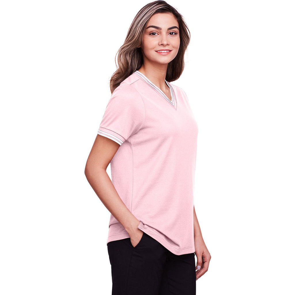 Devon & Jones Women's Pink/White CrownLux Performance Plaited Tipped V-Neck Polo