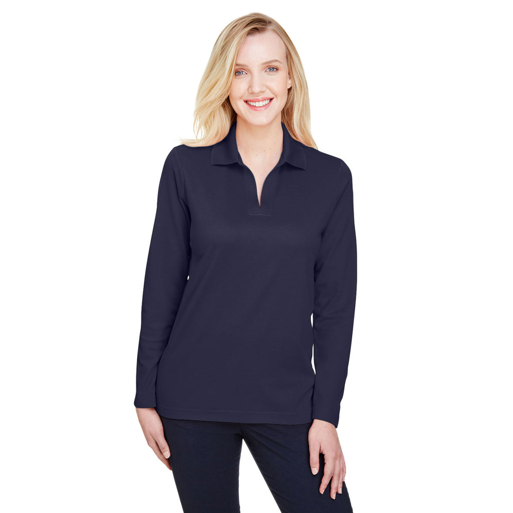 Devon & Jones Women's Navy CrownLux Performance Plaited Long Sleeve Polo