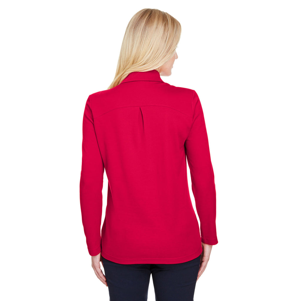 Devon & Jones Women's Red CrownLux Performance Plaited Long Sleeve Polo