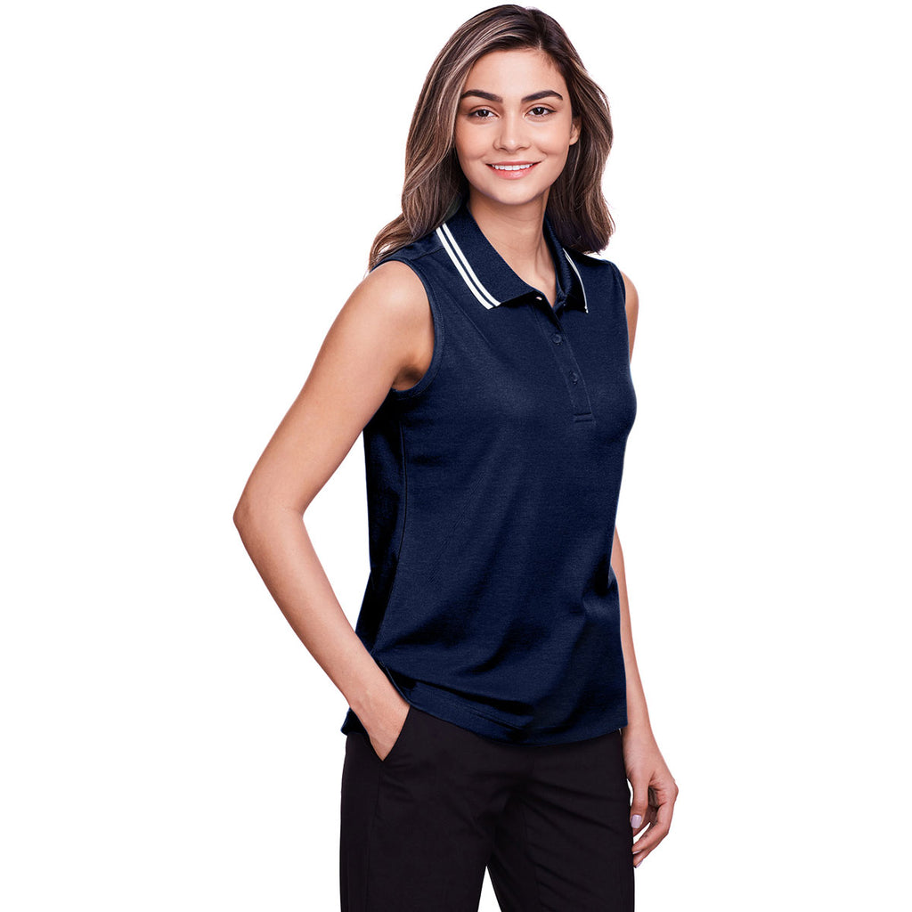 Devon & Jones Women's Navy/White CrownLux Performance Plaited Tipped Sleeveless Polo