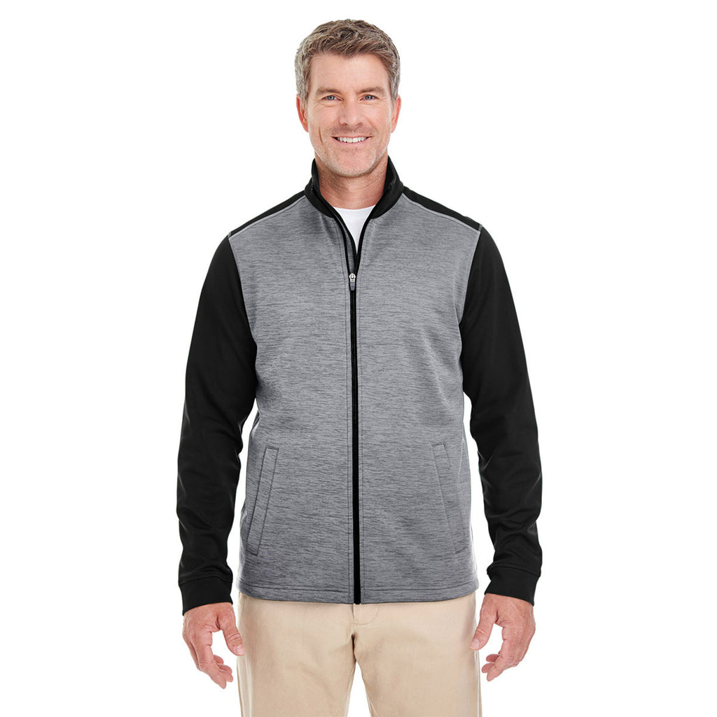 Devon & Jones Men's Black Heather/Dark Grey Heather Newbury Colorblock Melange Fleece Full-zip