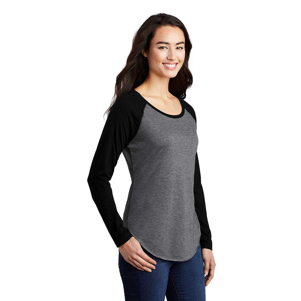 Sport-Tek Women's Black Triad Solid/Dark Grey Heather PosiCharge Long Sleeve Tri-Blend Wicking Scoop Neck Raglan Tee