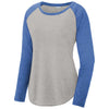 Sport-Tek Women's True Royal Heather/Light Grey Heather PosiCharge Long Sleeve Tri-Blend Wicking Scoop Neck Raglan Tee