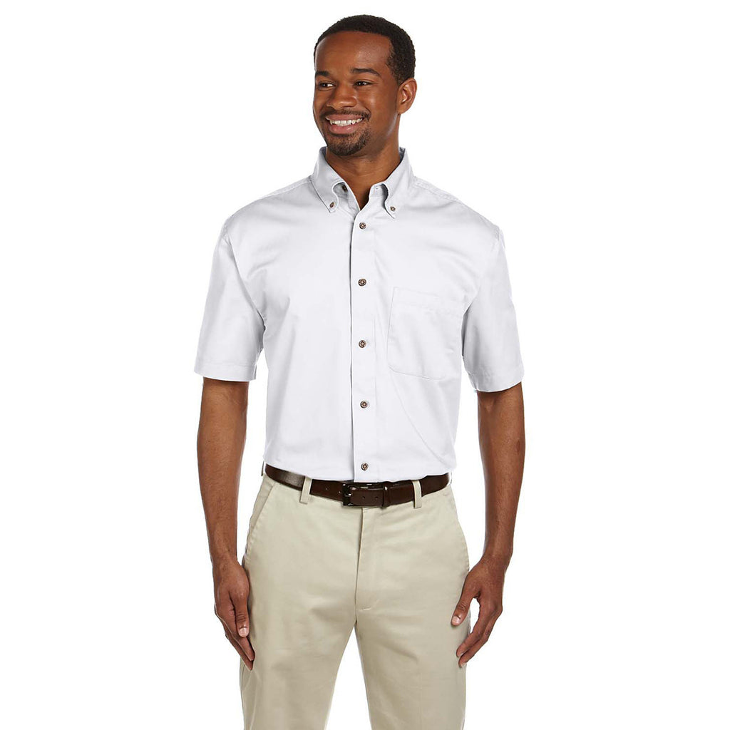 Harriton Men's White Easy Blend Short-Sleeve Twill Shirt with Stain-Release