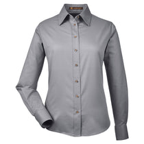 Harriton Women's Dark Grey Easy Blend Long-Sleeve Twill Shirt with Stain-Release