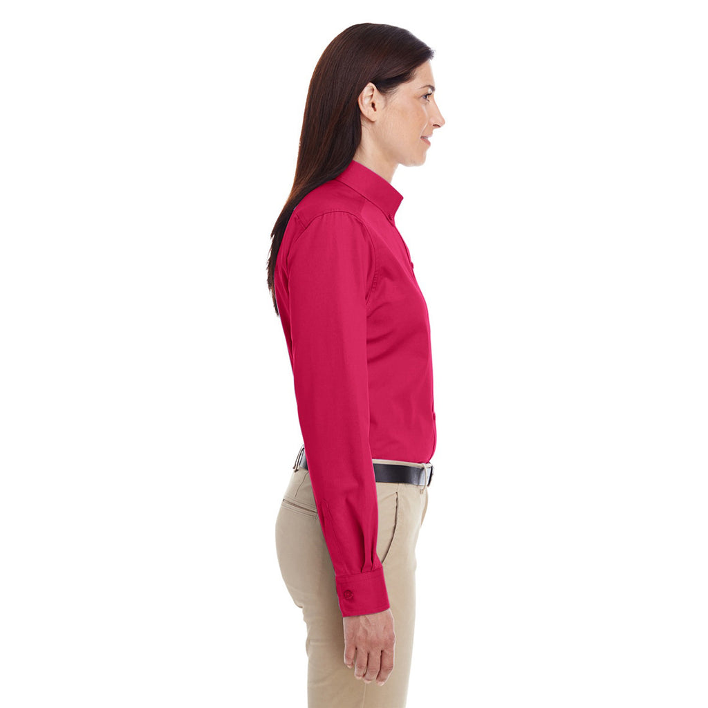 Harriton Women's Red Foundation 100% Cotton Long-Sleeve Twill Shirt with Teflon