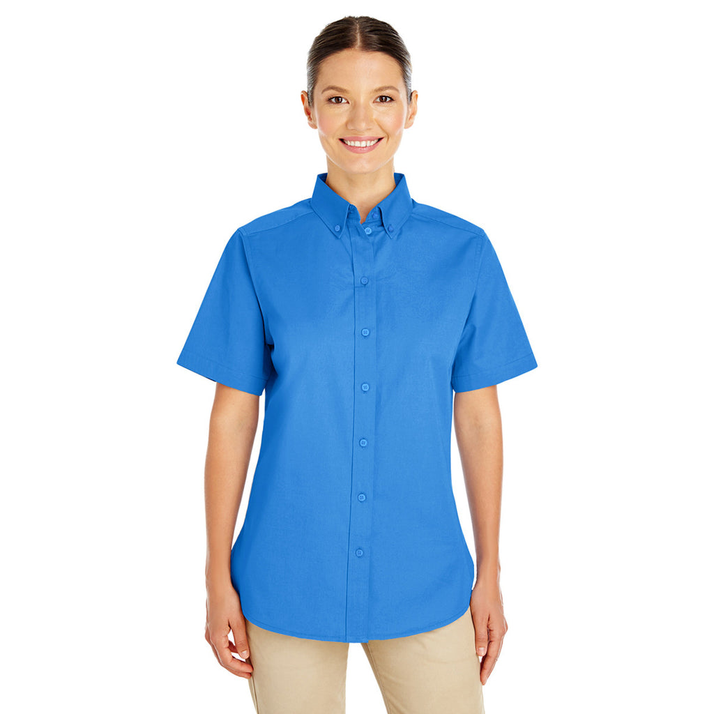 Harriton Women's French Blue Foundation 100% Cotton Short-Sleeve Twill Shirt Teflon