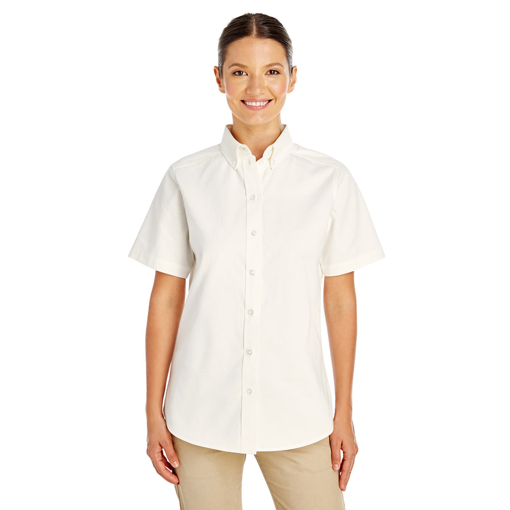 Harriton Women's White Foundation 100% Cotton Short-Sleeve Twill Shirt Teflon