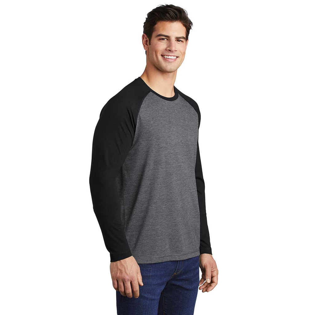 Sport-Tek Men's Black Triad Solid/Dark Grey Heather PosiCharge Long Sleeve Tri-Blend Wicking Raglan Tee