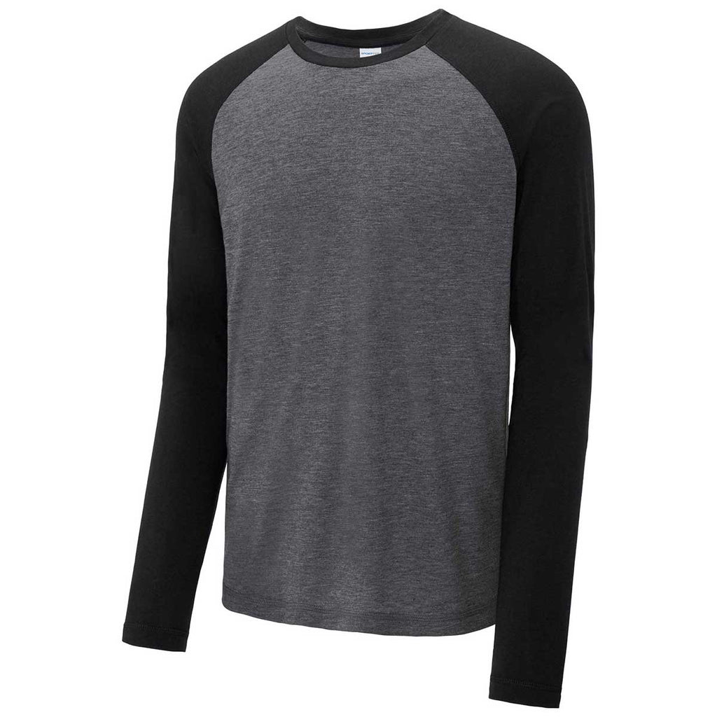 Sport-Tek Men's Black Triad Solid/Dark Grey Heather PosiCharge Long Sleeve Tri-Blend Wicking Raglan Tee