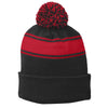 Sport-Tek Stripe Black/True Red Pom Pom Beanie