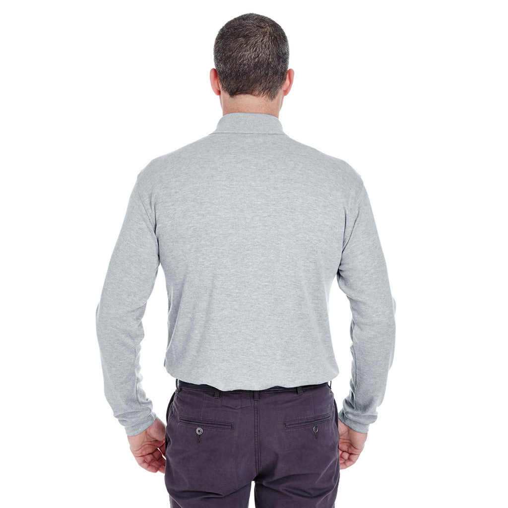 UltraClub Men's Heather Grey Egyptian Interlock Long-Sleeve Polo