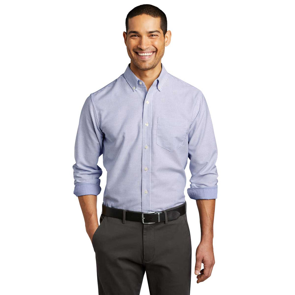 Port Authority Men's Oxford Blue/White SuperPro Oxford Stripe Shirt